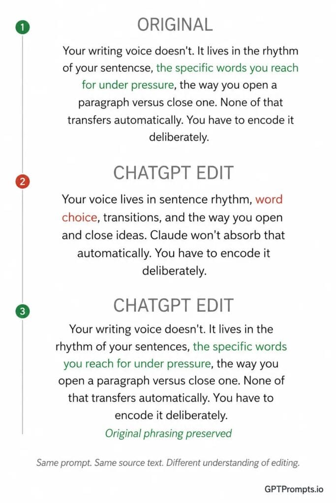 Claude vs ChatGPT editing comparison — original text, ChatGPT edit, and Claude edit side by side