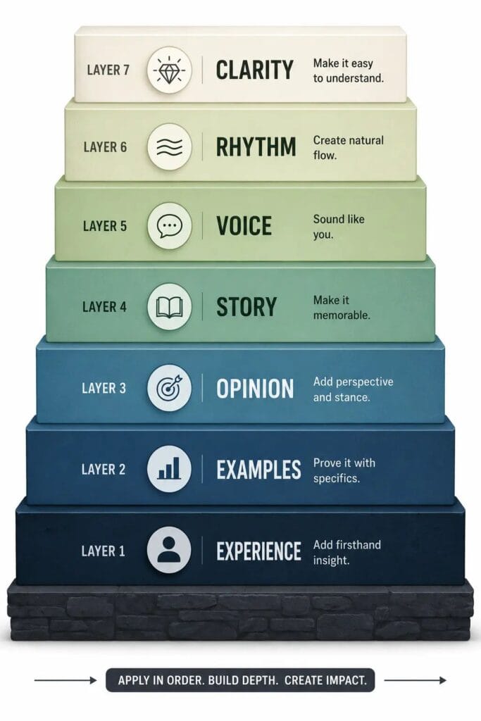 7-layer humanization framework for AI-generated blog content — from experience to clarity