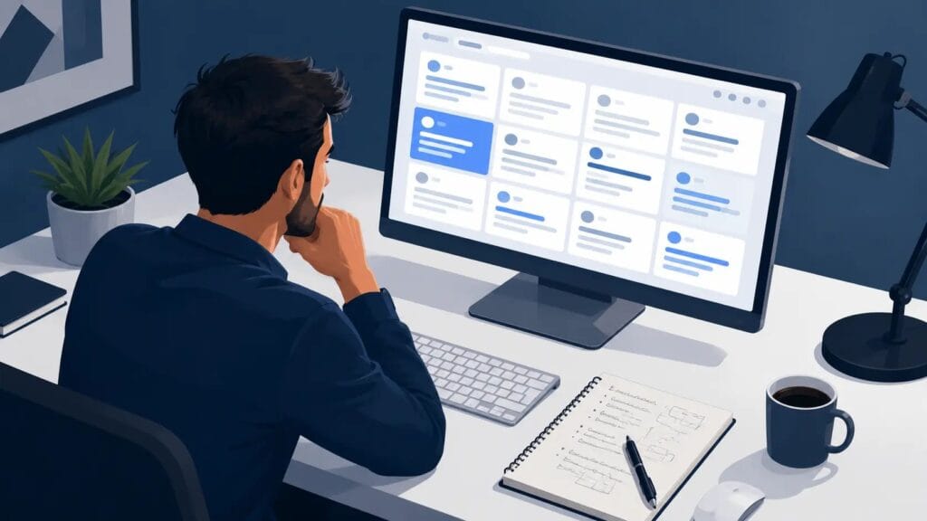 Writer manually analyzing search engine results page before using Claude for SEO content creation