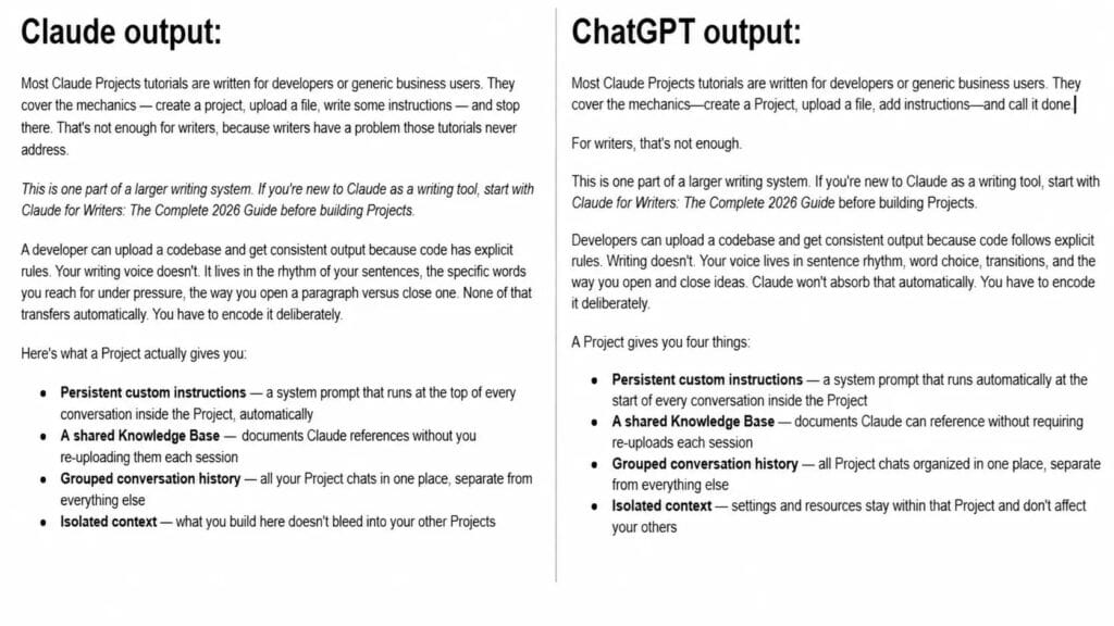 Claude vs ChatGPT voice matching test — same brief, different outputs showing tone difference
