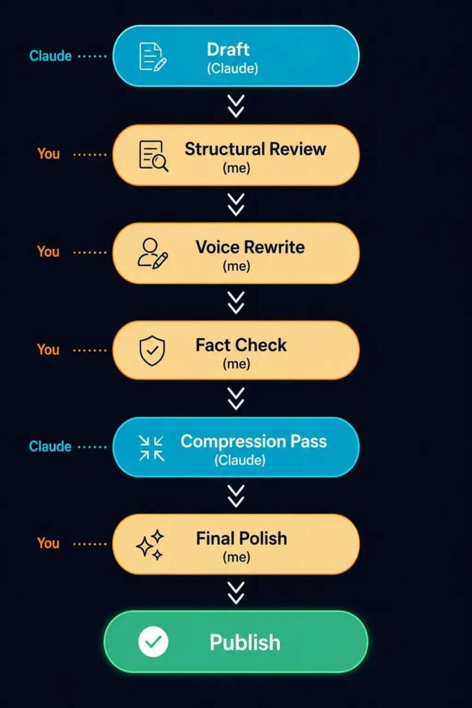 
Human editing loop diagram showing Claude draft stages alternating with writer review, rewrite, and fact-check steps before publish