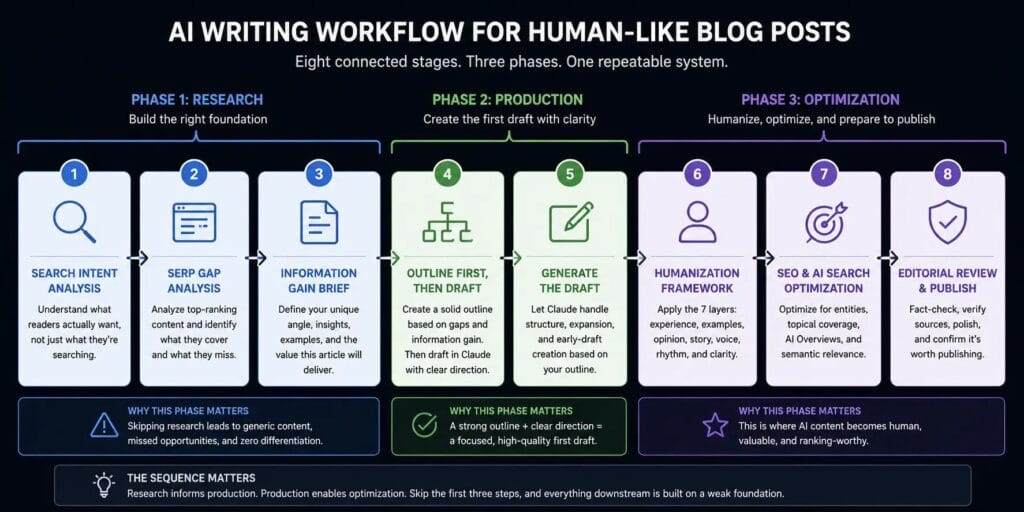 8-step AI writing workflow diagram — from search intent analysis to final editorial review