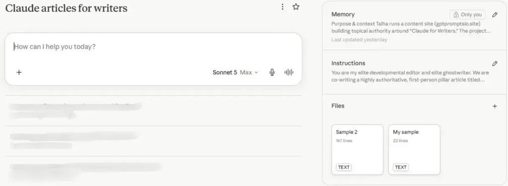 Screenshot of a Claude Project showing "Claude For Writers" loaded with voice sample files and a custom writing brief." — swap the bracket for what's actually visible.