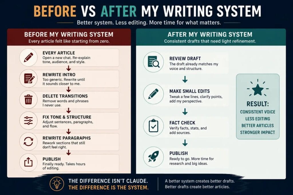 Before-and-after comparison of an AI writing workflow showing how a structured writing system reduces editing and improves draft consistency.