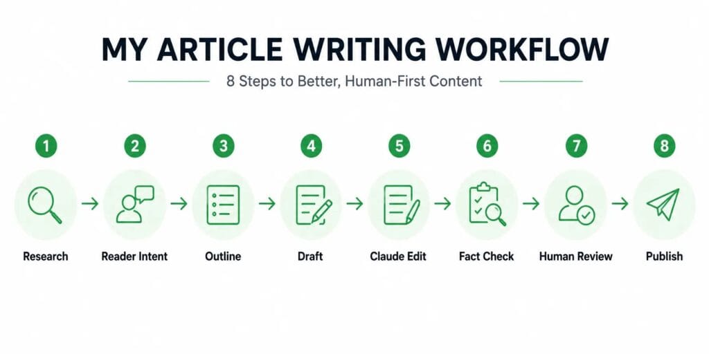 Infographic of the 8-step Claude writing workflow: Research, Reader Intent, Outline, Draft, Claude Edit, Fact Check, Human Review, Publish