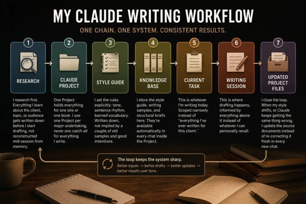 Diagram of a 7-step Claude writing workflow: Research, Claude Project, Style Guide, Knowledge Base, Current Task, Writing Session, Updated Project Files
