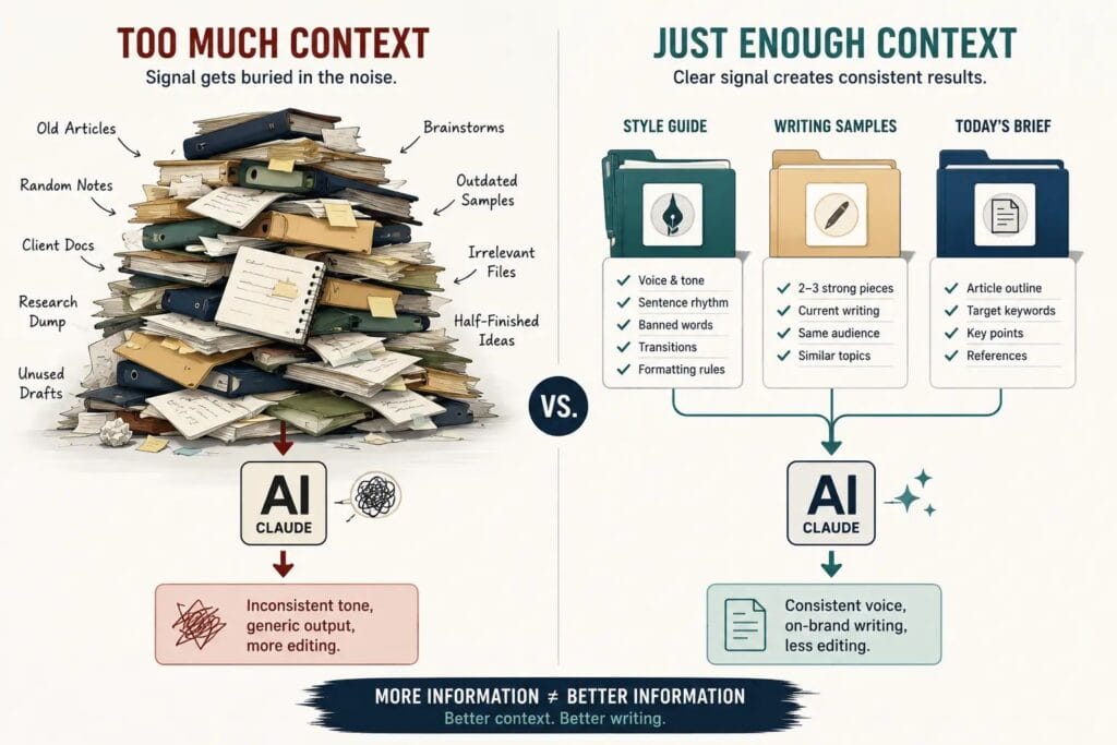 Comparison showing how curated context produces better AI writing than overwhelming Claude with excessive information.