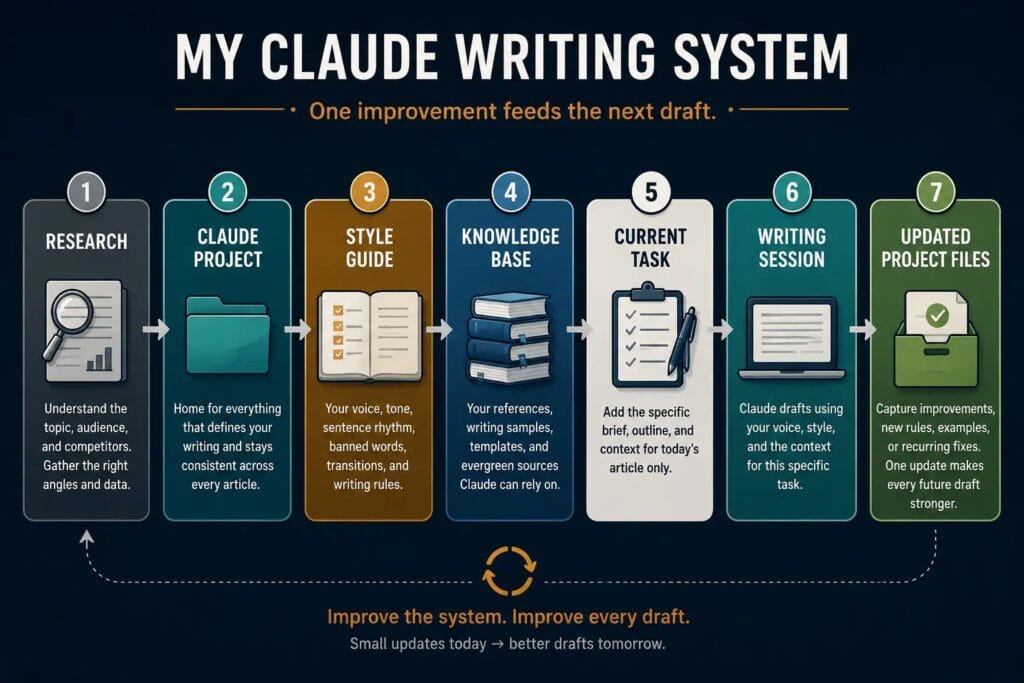 Workflow diagram showing a structured Claude writing system from research and Project setup to drafting, updating project files, and continuous improvement.