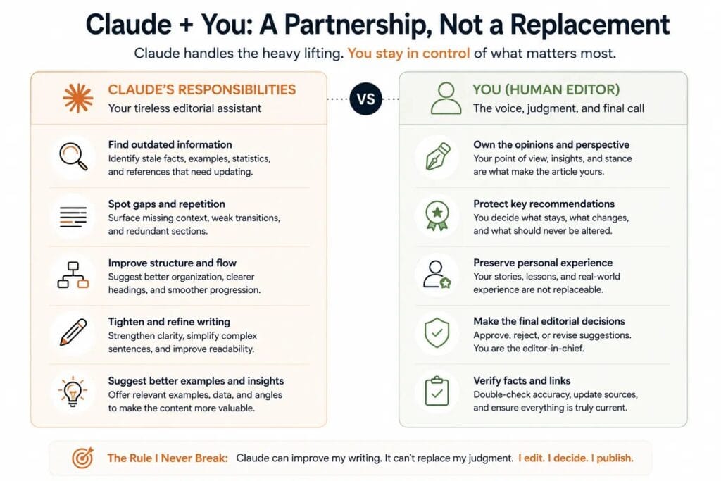 Comparison of Claude's editing responsibilities versus the writer's editorial decisions when updating blog posts with AI.