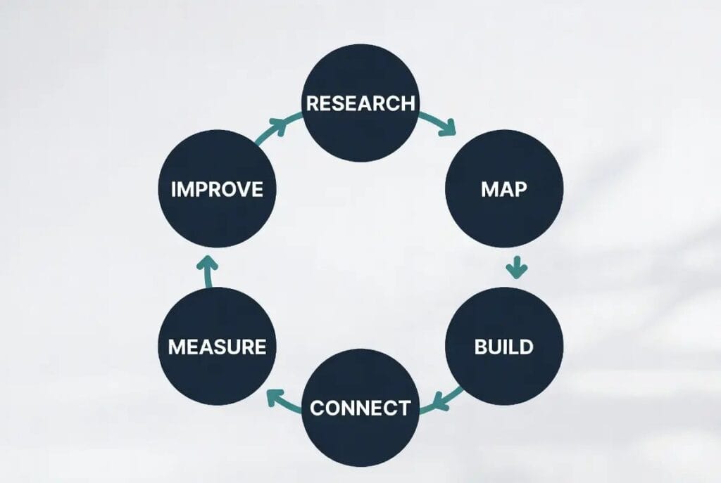 Diagram of a six-stage content workflow: Research, Map, Build, Connect, Measure, and Improve, arranged in a repeating loop.